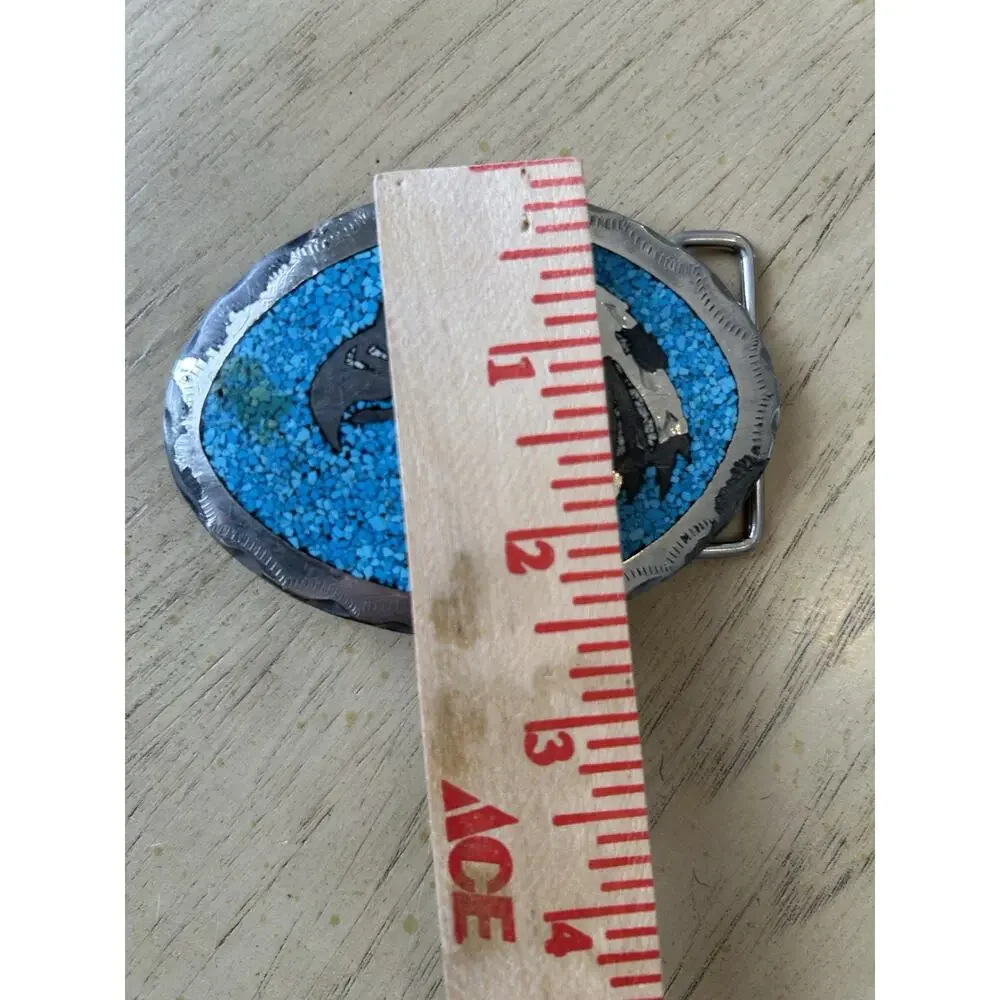 2 VTG EAGLE Belt Buckle Embossed Leather & Silver Turquoise USA American HEAVY